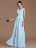 A-Line/Princess V-neck Sleeveless Ruched Floor-Length Chiffon Bridesmaid Dresses Evening Dress