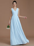A-Line/Princess V-neck Sleeveless Ruched Floor-Length Chiffon Bridesmaid Dresses Evening Dress