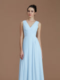 A-Line/Princess V-neck Sleeveless Ruched Floor-Length Chiffon Bridesmaid Dresses Evening Dress