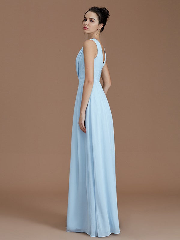 A-Line/Princess V-neck Sleeveless Ruched Floor-Length Chiffon Bridesmaid Dresses Evening Dress