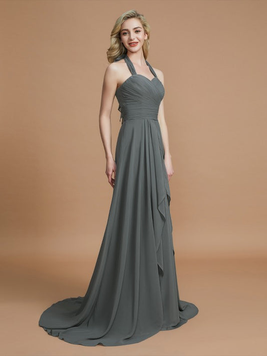A-Line/Princess Halter Sleeveless Chiffon Sweep/Brush Train Bridesmaid Dresses Evening Prom Dress