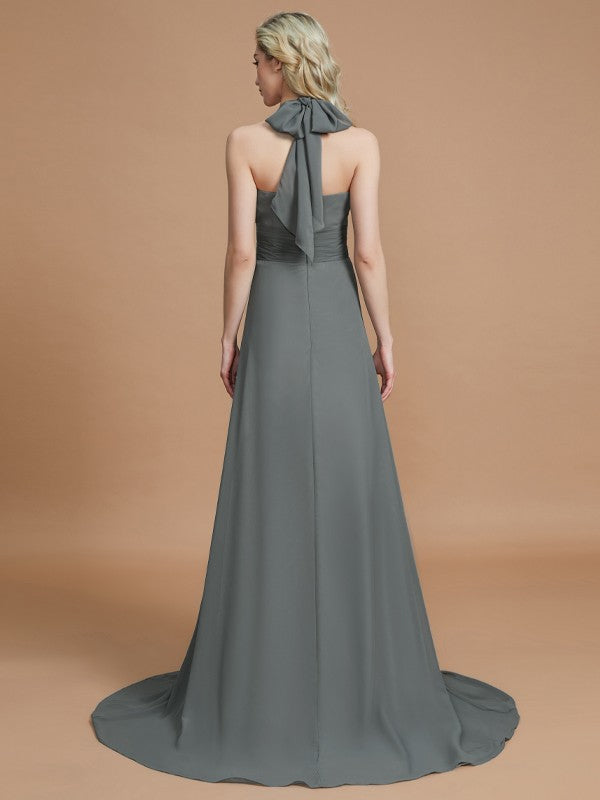 A-Line/Princess Halter Sleeveless Chiffon Sweep/Brush Train Bridesmaid Dresses Evening Prom Dress