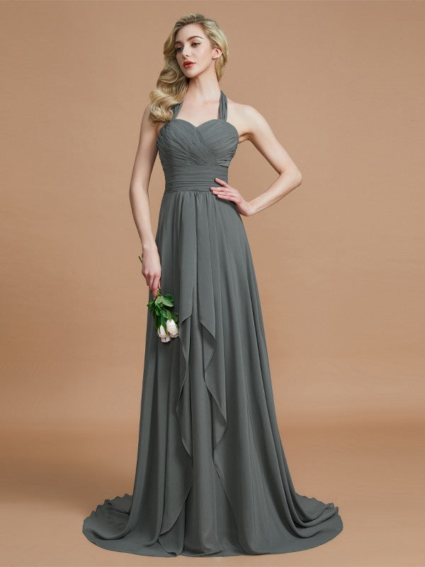 A-Line/Princess Halter Sleeveless Chiffon Sweep/Brush Train Bridesmaid Dresses Evening Prom Dress