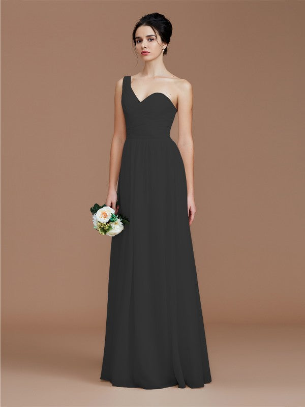 A-Line/Princess One-Shoulder Sleeveless Ruched Floor-Length Chiffon Bridesmaid Dresses Evening Dress