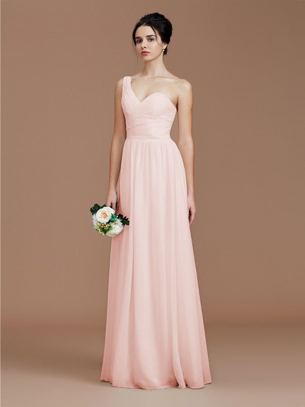 A-Line/Princess One-Shoulder Sleeveless Ruched Floor-Length Chiffon Bridesmaid Dresses Evening Dress