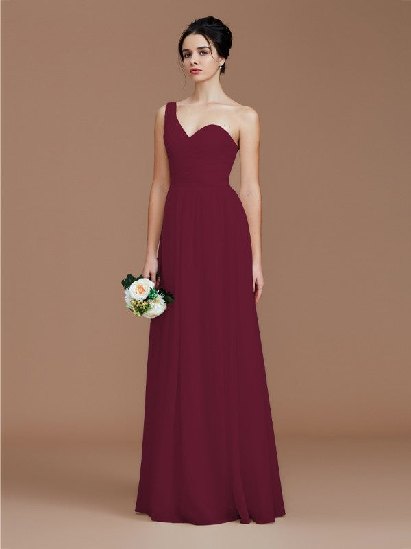 A-Line/Princess One-Shoulder Sleeveless Ruched Floor-Length Chiffon Bridesmaid Dresses Evening Dress
