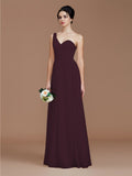 A-Line/Princess One-Shoulder Sleeveless Ruched Floor-Length Chiffon Bridesmaid Dresses Evening Dress