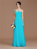 A-Line/Princess One-Shoulder Sleeveless Ruched Floor-Length Chiffon Bridesmaid Dresses Evening Dress