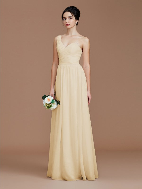 A-Line/Princess One-Shoulder Sleeveless Ruched Floor-Length Chiffon Bridesmaid Dresses Evening Dress