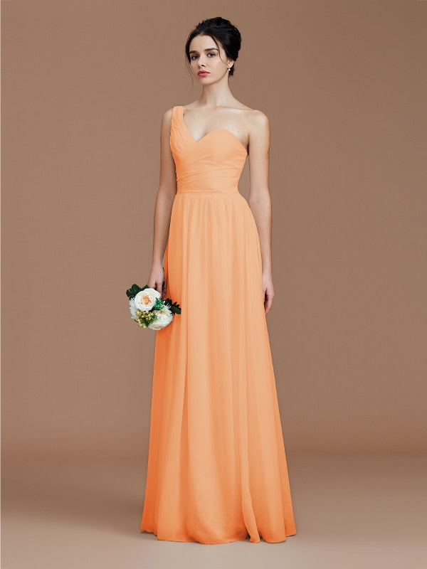 A-Line/Princess One-Shoulder Sleeveless Ruched Floor-Length Chiffon Bridesmaid Dresses Evening Dress