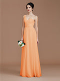A-Line/Princess One-Shoulder Sleeveless Ruched Floor-Length Chiffon Bridesmaid Dresses Evening Dress