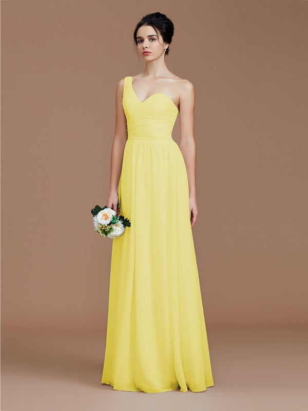 A-Line/Princess One-Shoulder Sleeveless Ruched Floor-Length Chiffon Bridesmaid Dresses Evening Dress