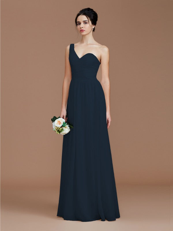 A-Line/Princess One-Shoulder Sleeveless Ruched Floor-Length Chiffon Bridesmaid Dresses Evening Dress