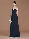 A-Line/Princess One-Shoulder Sleeveless Ruched Floor-Length Chiffon Bridesmaid Dresses Evening Dress