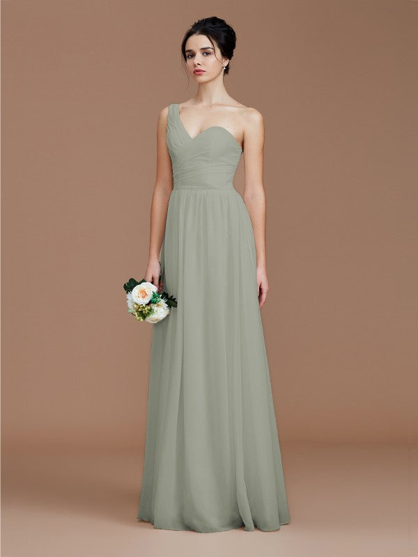 A-Line/Princess One-Shoulder Sleeveless Ruched Floor-Length Chiffon Bridesmaid Dresses Evening Dress