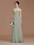 A-Line/Princess One-Shoulder Sleeveless Ruched Floor-Length Chiffon Bridesmaid Dresses Evening Dress