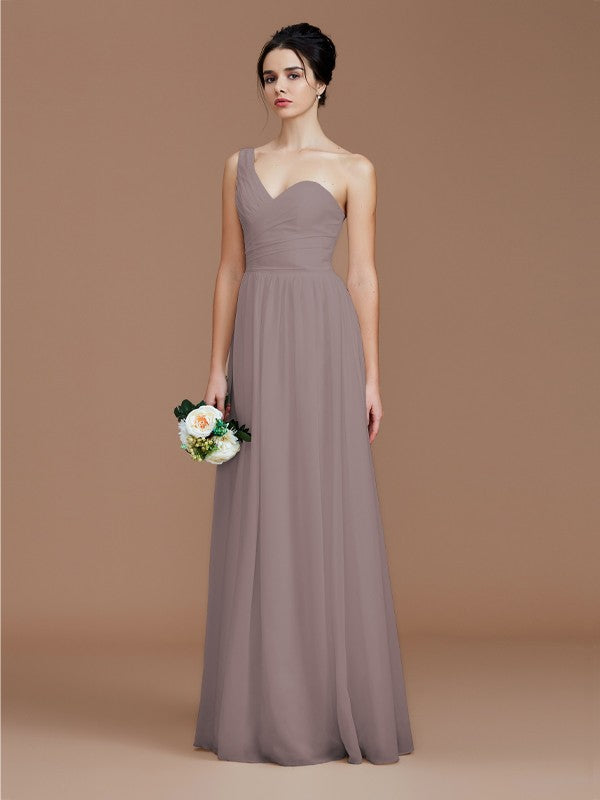A-Line/Princess One-Shoulder Sleeveless Ruched Floor-Length Chiffon Bridesmaid Dresses Evening Dress