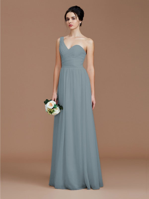 A-Line/Princess One-Shoulder Sleeveless Ruched Floor-Length Chiffon Bridesmaid Dresses Evening Dress