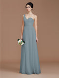 A-Line/Princess One-Shoulder Sleeveless Ruched Floor-Length Chiffon Bridesmaid Dresses Evening Dress