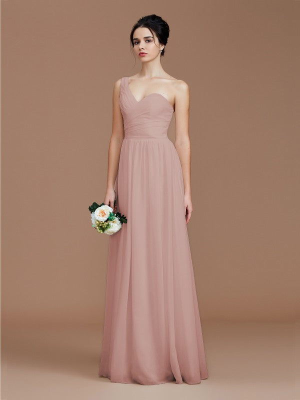 A-Line/Princess One-Shoulder Sleeveless Ruched Floor-Length Chiffon Bridesmaid Dresses Evening Dress