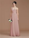 A-Line/Princess One-Shoulder Sleeveless Ruched Floor-Length Chiffon Bridesmaid Dresses Evening Dress