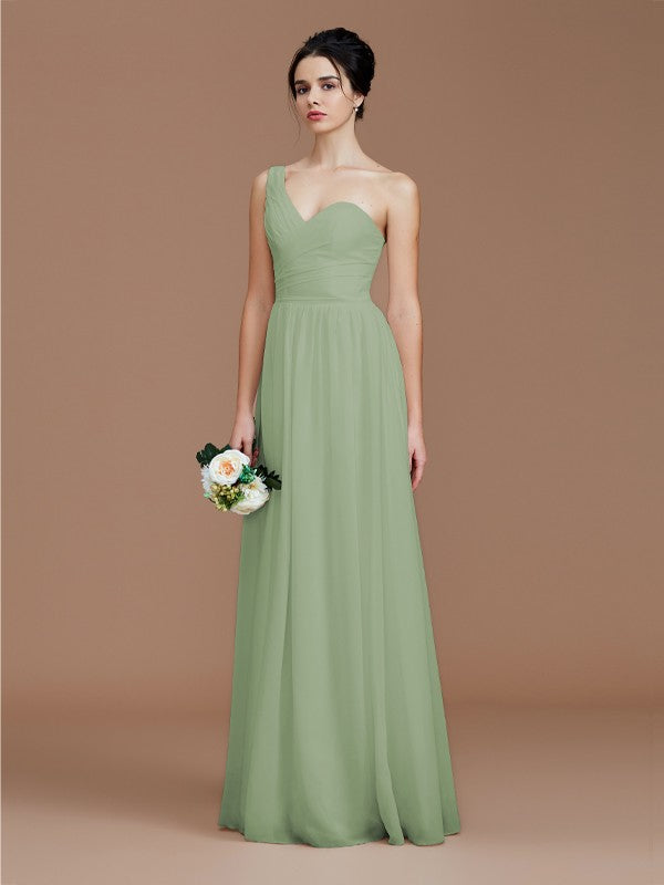A-Line/Princess One-Shoulder Sleeveless Ruched Floor-Length Chiffon Bridesmaid Dresses Evening Dress