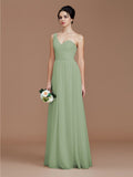 A-Line/Princess One-Shoulder Sleeveless Ruched Floor-Length Chiffon Bridesmaid Dresses Evening Dress