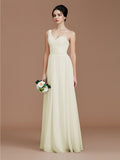 A-Line/Princess One-Shoulder Sleeveless Ruched Floor-Length Chiffon Bridesmaid Dresses Evening Dress