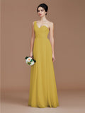 A-Line/Princess One-Shoulder Sleeveless Ruched Floor-Length Chiffon Bridesmaid Dresses Evening Dress