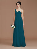 A-Line/Princess One-Shoulder Sleeveless Ruched Floor-Length Chiffon Bridesmaid Dresses Evening Dress