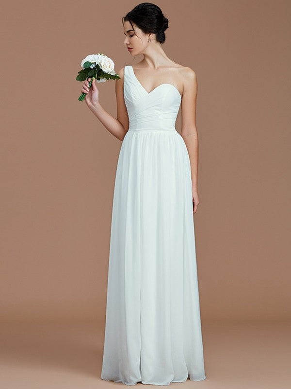 A-Line/Princess One-Shoulder Sleeveless Ruched Floor-Length Chiffon Bridesmaid Dresses Evening Dress