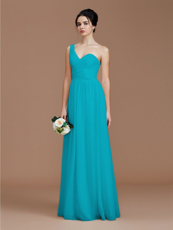 A-Line/Princess One-Shoulder Sleeveless Ruched Floor-Length Chiffon Bridesmaid Dresses Evening Dress