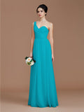 A-Line/Princess One-Shoulder Sleeveless Ruched Floor-Length Chiffon Bridesmaid Dresses Evening Dress