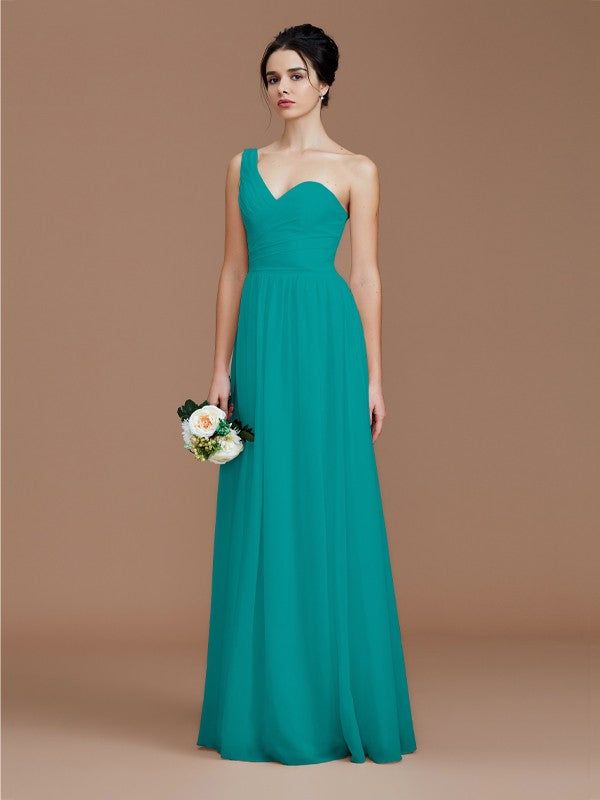 A-Line/Princess One-Shoulder Sleeveless Ruched Floor-Length Chiffon Bridesmaid Dresses Evening Dress