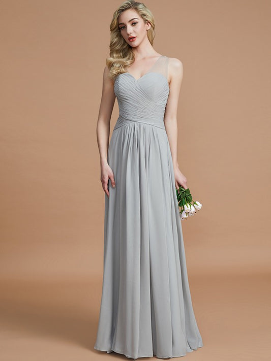 A-Line/Princess V-neck Chiffon Floor-Length Sleeveless Bridesmaid Dresses Evening Prom Dress