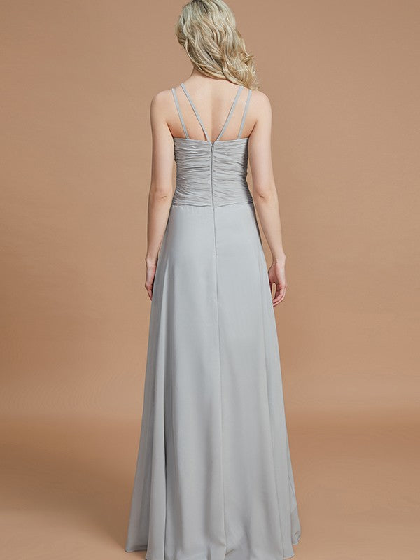 A-Line/Princess V-neck Chiffon Floor-Length Sleeveless Bridesmaid Dresses Evening Prom Dress