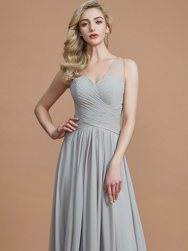 A-Line/Princess V-neck Chiffon Floor-Length Sleeveless Bridesmaid Dresses Evening Prom Dress