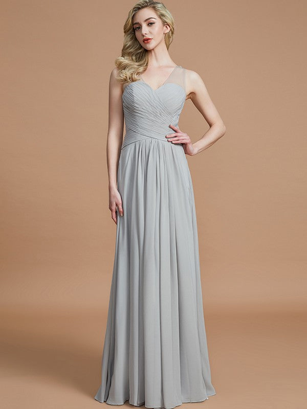 A-Line/Princess V-neck Chiffon Floor-Length Sleeveless Bridesmaid Dresses Evening Prom Dress