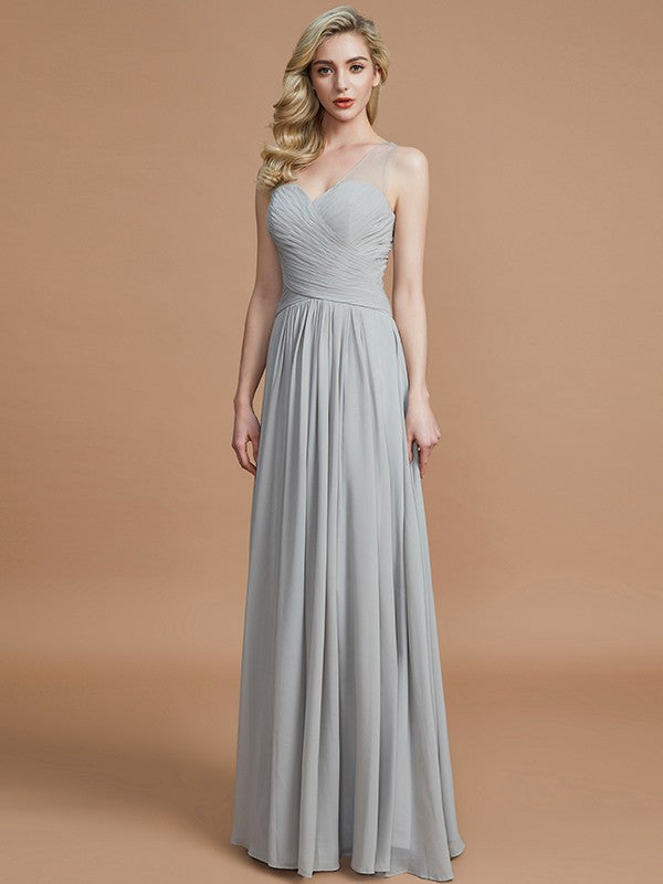 A-Line/Princess V-neck Chiffon Floor-Length Sleeveless Bridesmaid Dresses Evening Prom Dress