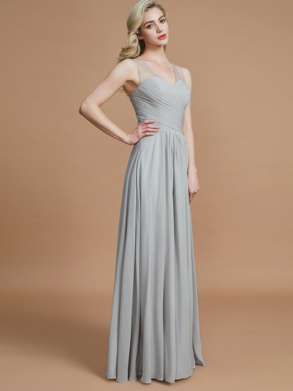 A-Line/Princess V-neck Chiffon Floor-Length Sleeveless Bridesmaid Dresses Evening Prom Dress
