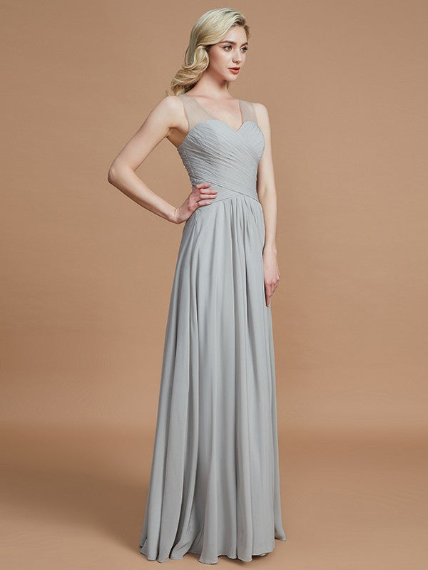 A-Line/Princess V-neck Chiffon Floor-Length Sleeveless Bridesmaid Dresses Evening Prom Dress