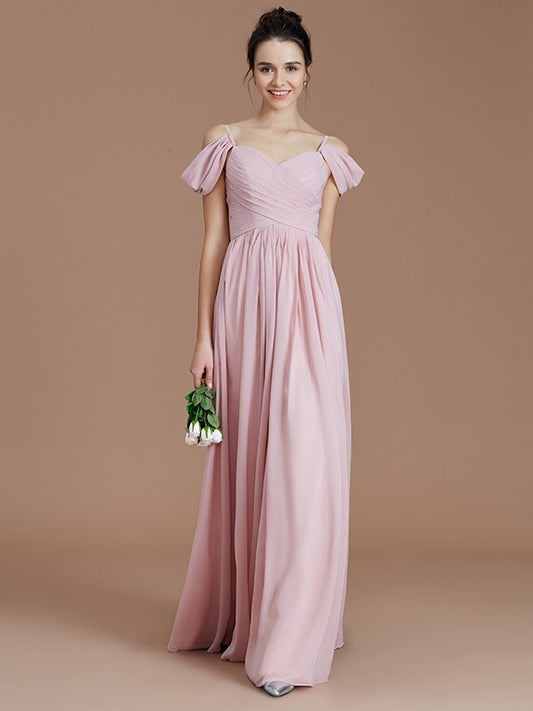Vestido de dama de honor de gasa con corte A/princesa, sin mangas, fruncido, hasta el suelo, con hombros descubiertos, ideal para invitadas de boda