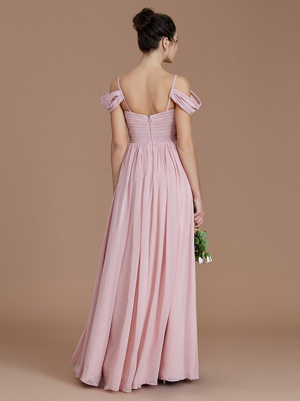 Vestido de dama de honor de gasa con corte A/princesa, sin mangas, fruncido, hasta el suelo, con hombros descubiertos, ideal para invitadas de boda