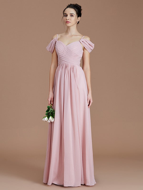 Vestido de dama de honor de gasa con corte A/princesa, sin mangas, fruncido, hasta el suelo, con hombros descubiertos, ideal para invitadas de boda
