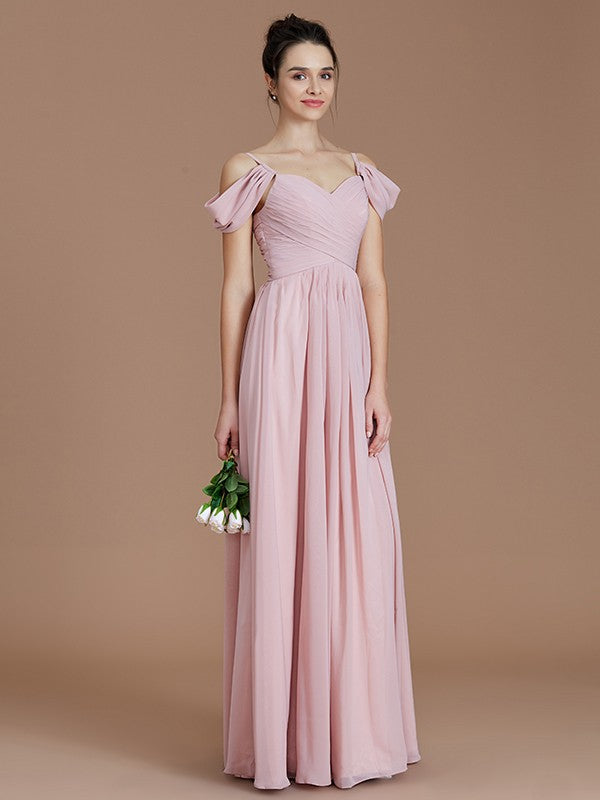 Vestido de dama de honor de gasa con corte A/princesa, sin mangas, fruncido, hasta el suelo, con hombros descubiertos, ideal para invitadas de boda
