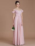 Vestido de dama de honor de gasa con corte A/princesa, sin mangas, fruncido, hasta el suelo, con hombros descubiertos, ideal para invitadas de boda