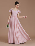 Vestido de dama de honor de gasa con corte A/princesa, sin mangas, fruncido, hasta el suelo, con hombros descubiertos, ideal para invitadas de boda