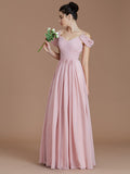 Vestido de dama de honor de gasa con corte A/princesa, sin mangas, fruncido, hasta el suelo, con hombros descubiertos, ideal para invitadas de boda