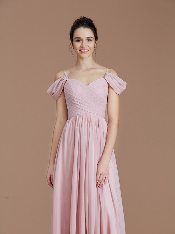 Vestido de dama de honor de gasa con corte A/princesa, sin mangas, fruncido, hasta el suelo, con hombros descubiertos, ideal para invitadas de boda