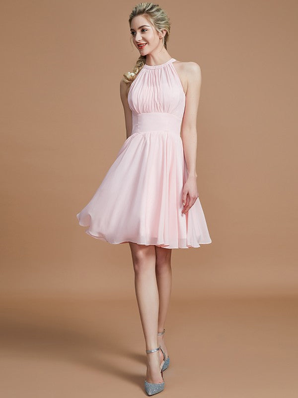 Vestido de dama de honor de corte A/princesa de gasa hasta la rodilla, sin mangas, escote redondo, para regreso a casa